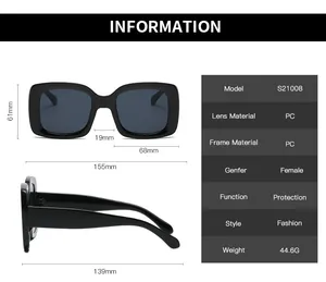 Detailed size chart for square sunglasses showing lens height and frame width measurements