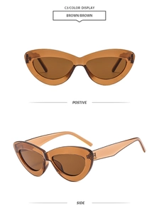 Détails de lunettes de soleil œil de chat marron sous les angles face et profil