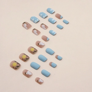 Short matte press-on nails set featuring sky blue and pink floral lemon illustrations