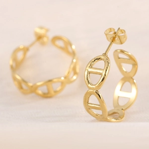 Macro detail of 18K gold plated titanium earrings with interlocking chain link design
