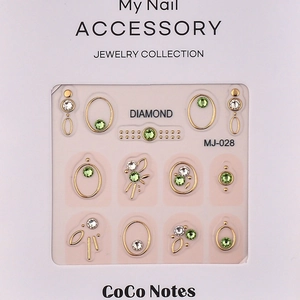 K9 green rhinestone nail art stickers with gold foil fireworks and metal frames