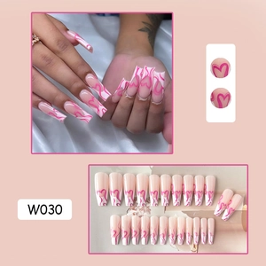 Long ballerina press-on nails with pink flame and heart patterns in a 24-piece set