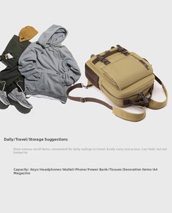 Detail view of khaki canvas backpack with leather straps and large storage capacity