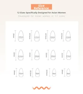 Guide des tailles pour 24 faux ongles orange longs avec 12 dimensions différentes