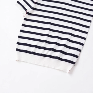 Short sleeve knit top with black and white stripes and red contrast stitching detail
