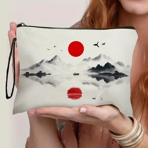 Cosmetic Makeup Bag Linen Texture Zippered Ink Painting Landscape Print Portable Travel Toiletry Organizer Pouch Wrist Strap