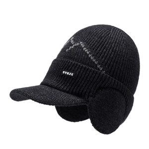 Winter fleece-lined knit peak cap with ear protection for men in black color