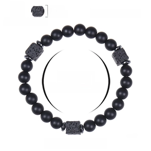 Detail showing 8mm black matte and volcanic lava stone beads with metal spacers
