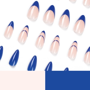 Blue and nude french almond press-on nails set with minimalist kline blue design