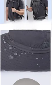 Detail of waterproof breathable mesh and quick-dry fabric on grey outdoor sun hat