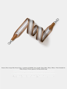 Detail of woven brown and silver wide strap with silver metal hooks and cowhide leather ends