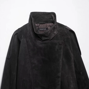 Charcoal grey suede biker jacket with stand-up collar and epaulettes on a white background