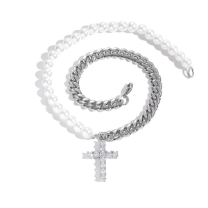 8mm Cuban link and pearl chain necklace with a zircon-encrusted cross pendant