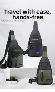 Three multi-functional men's crossbody bags in grey, navy, and green on white platforms