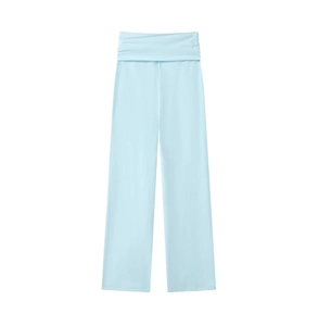 Front view of light blue high-waisted wide-leg lounge pants with a soft knit texture