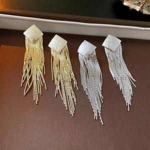 Geometric diamond metallic fringe tassel earrings in gold and silver finish