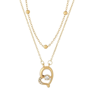 Double-layered gold titanium steel necklace with hollow heart pendant and crystals