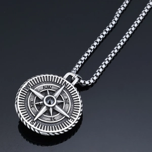 Vintage Viking compass pendant necklace with black stone and oxidized stainless steel finish