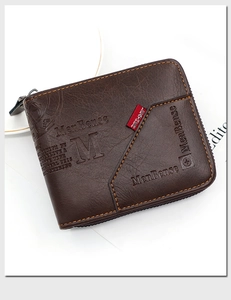 Detailed view of brown leather wallet featuring vintage texture and premium yellow stitching