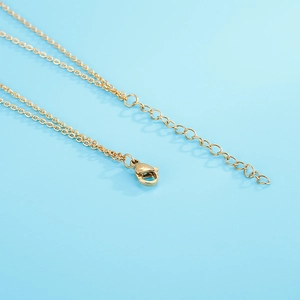 Détail du collier doré avec chaîne, extension réglable et fermoir mousqueton solide