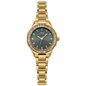 IBSO elegant women's watch featuring a gold steel band and a grey baguette crystal dial