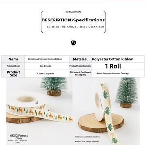 Detailed close-up of 1.5cm Christmas cotton ribbons with elk and gold tree patterns