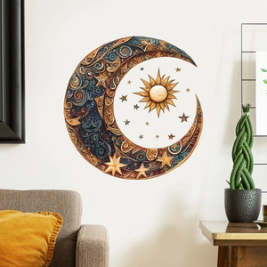 Bohemian sun and moon wall stickers in orange and blue for living room decor