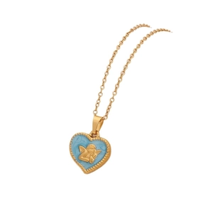 Gold stainless steel heart necklace with blue enamel angel relief on a clean white background