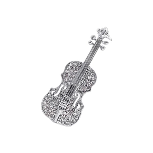 Elegant violin brooch with sparkling rhinestones in a silver finish on white background