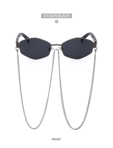 Front view of gun black hexagonal sunglasses with dual thin silver metal chains