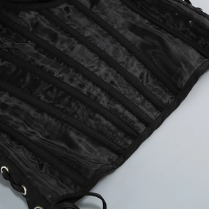 Detail of black corset boning with mesh stitching and reinforced internal support
