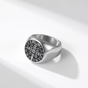 Religious St. Benedict medal signet ring in polished silver stainless steel metal