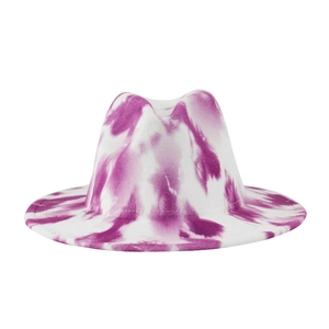 Detail view of purple tie-dye wool fedora hat featuring artistic ink wash patterns
