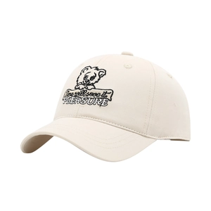 Beige baseball cap for boys featuring bear embroidery and PLEASURE text logo