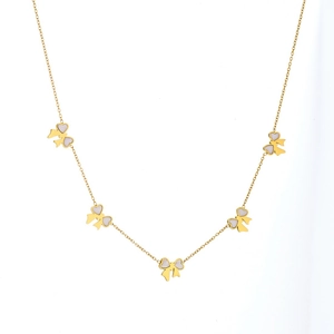 Gold plated stainless steel necklace featuring five elegant bow pendants with white hearts