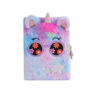 Macro detail of plush tie-dye unicorn notebook featuring sequin stars and metal lock