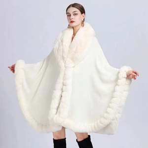 Elegant white faux rabbit fur shawl poncho with knitted cardigan design for winter style