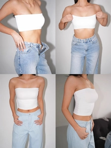White high-elasticity bandeau top shown from multiple angles with stretch test detail