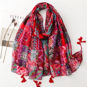 Red Bohemian paisley print scarf with linen feel and vintage tassels for women