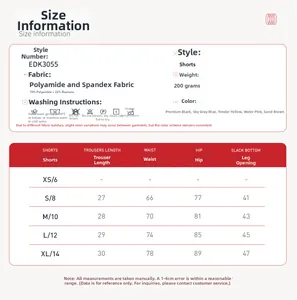 Detailed size chart for women yoga shorts showing S to XL measurements and fabric info