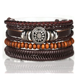 Handmade multilayer leather bracelet set with brown wooden beads and floral metal charm