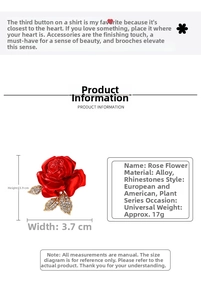 Detail of red rose brooch with rhinestones showing dimensions 3.9cm x 3.7cm and alloy material