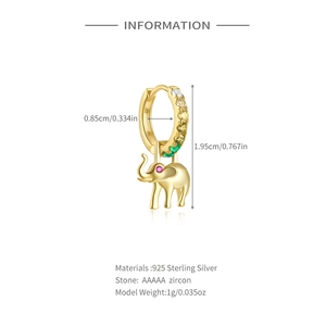 Detail von 925 Sterling Silber Gold Elefant Ohrring mit bunten Zirkon Größenangaben