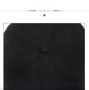 Top view detail of a black six-panel dock hat with matching button and stitching