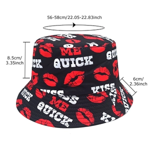 Black bucket hat with red kiss lips print and Kiss Me Quick text for sun protection