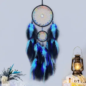 Handmade Double Ring Dreamcatcher With Natural Feathers Crystal Beads Moon Charm Boho Wall Hanging Decor