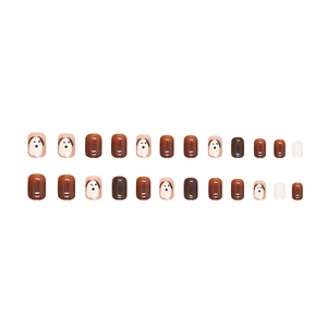 Cute brown and cream press-on nails with minimalist cartoon puppy design in short square shape