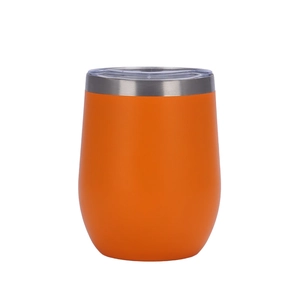 Close-up of a 12oz orange matte vacuum insulated egg tumbler with a clear lid and steel rim