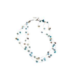 Multilayer square opal bead necklace with blue and silver geometric cube charms