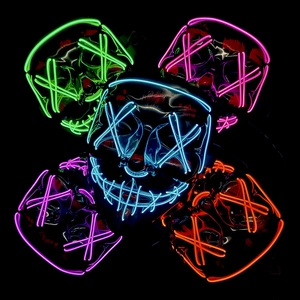 Five LED glowing masks with neon EL wire in blue, green, pink, purple and orange colors